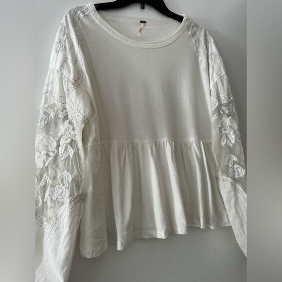 Free People Cream White Embroidered Penny Tee Long Sleeve Blouse Size S - Picture 6 of 8